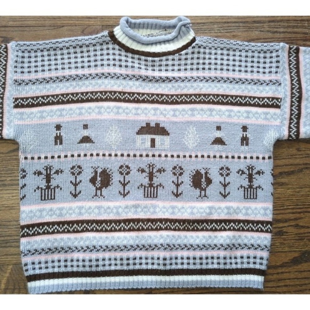 Vtg Hot Cashews 80s Cottagecore Fairisle Farm The Little House Theme Sweater M - Picture 4 of 9